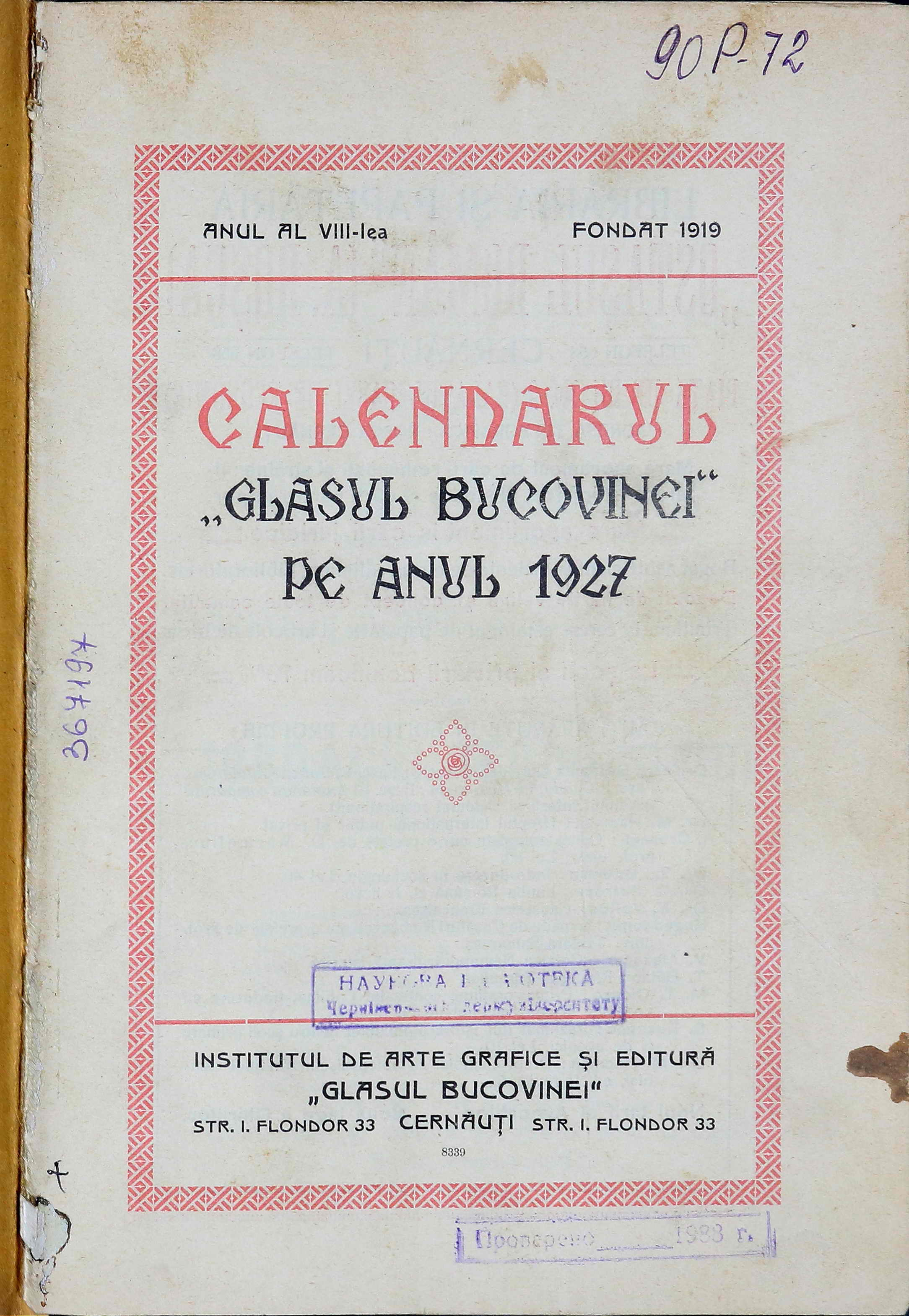 Calendarul Glasul Bucovinei pe anul 1927. An. 8